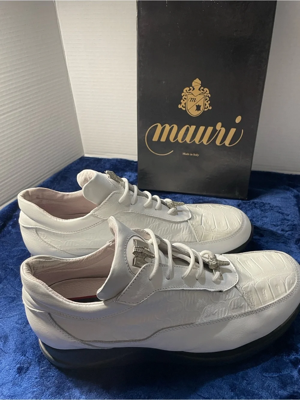 Mauri Napa white Leather and crocodile skin sneakers, size 13, in box.